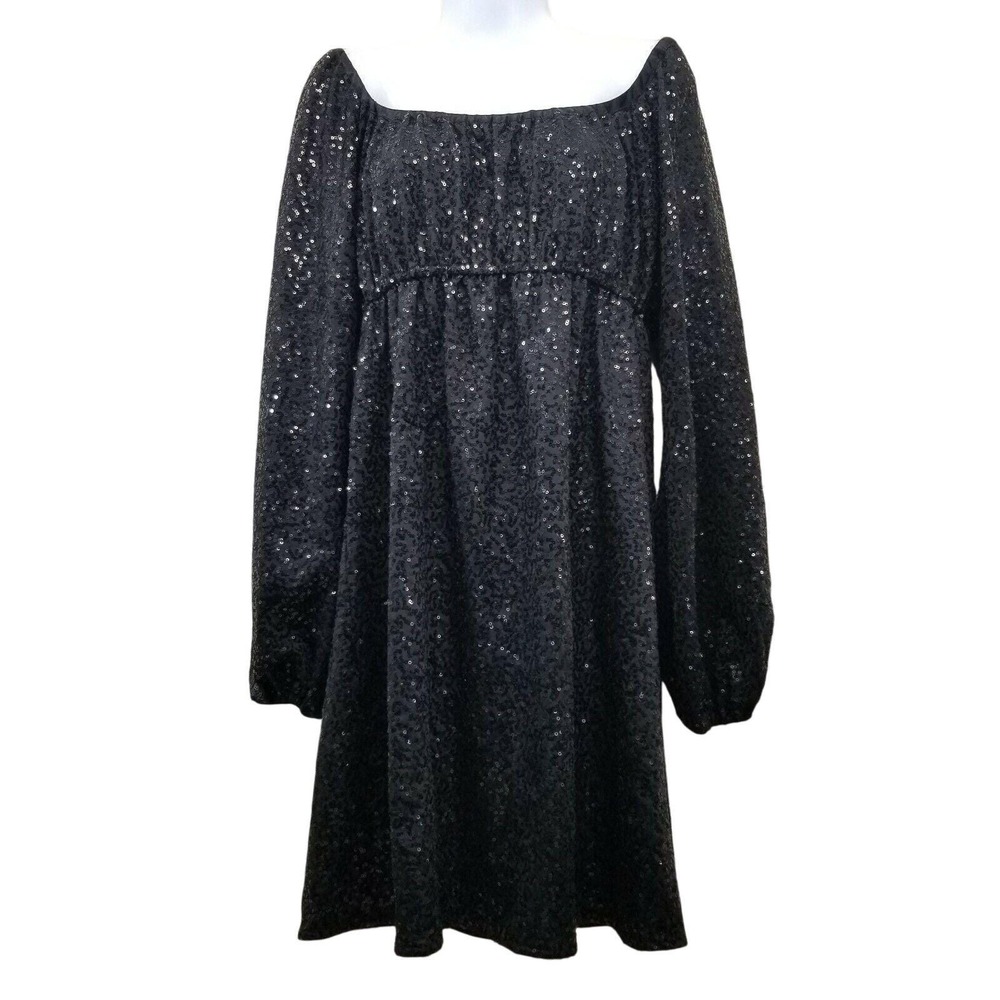 Betsey Johnson M Dress Black Silk Sequin Off Shoulders LBD Holiday Party Y2K